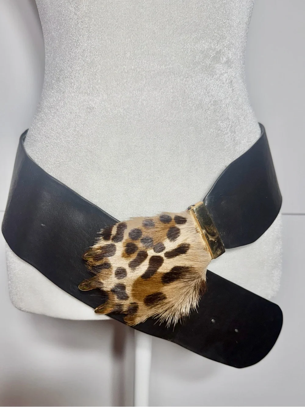 Vintage 80’s Black Leather Leopard Cheetah Fur Claw Buckle Statement Belt